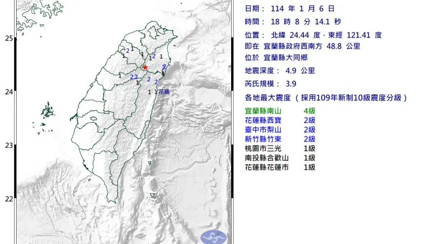 18:08宜蘭縣大同鄉發生規模3.9地震　最大震度4級