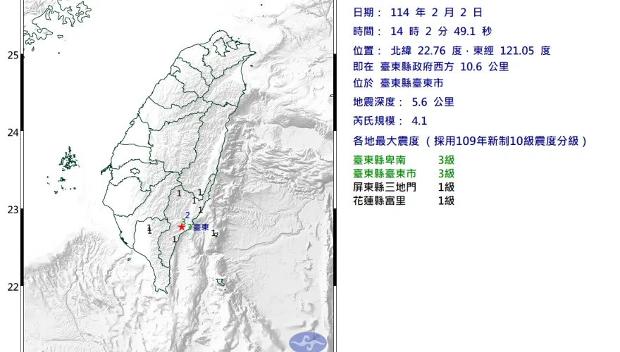 台東14:02發生4.1地震深度5.6公里　屏東縣有感