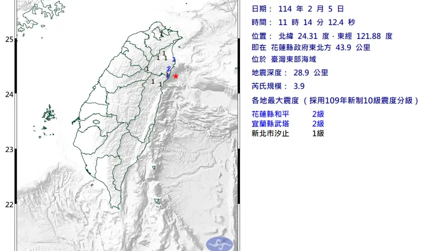 11:14東部海域規模3.9地震　最大震度2級