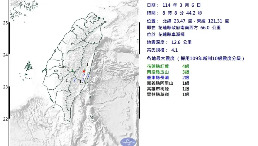 透早花蓮又地震！08：08規模4.1　6縣市有感