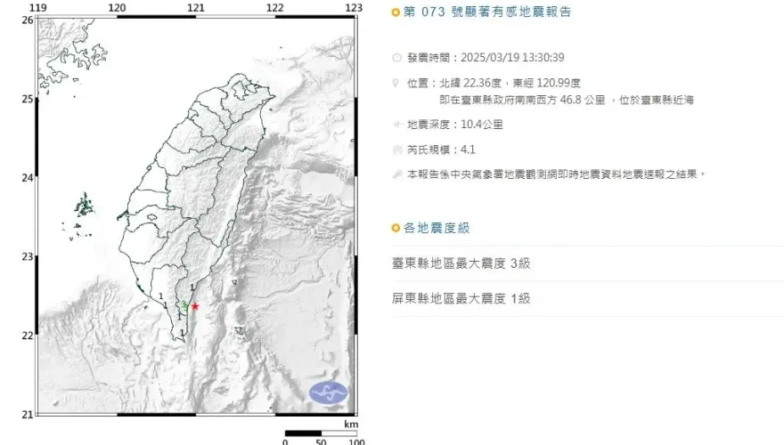 午後地牛翻身！台東縣近海13：30芮氏規模4.4地震