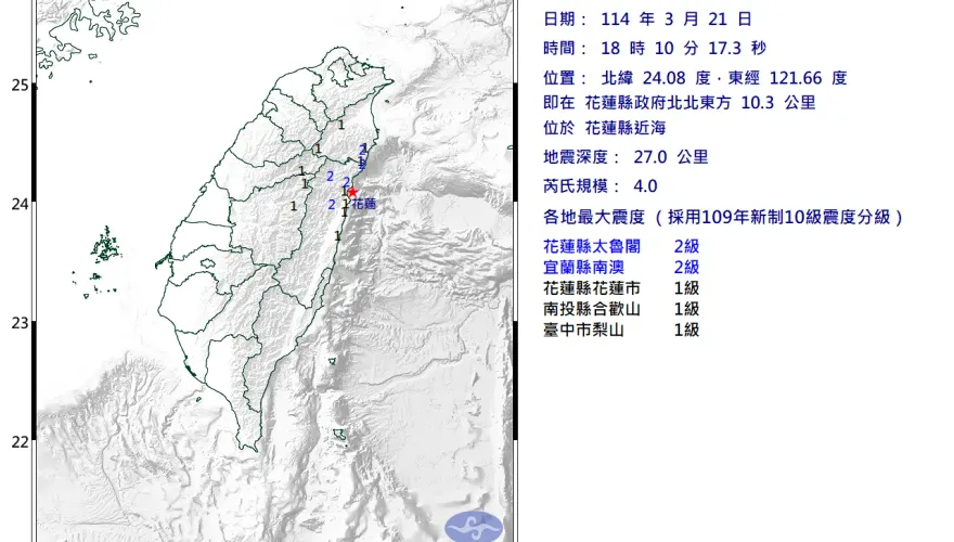 花蓮近海18:10發生規模4.0地震　最大震度2級