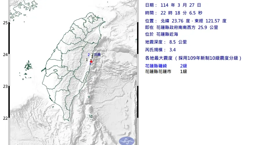 花蓮近海22:18發生規模3.4地震！最大震度2級