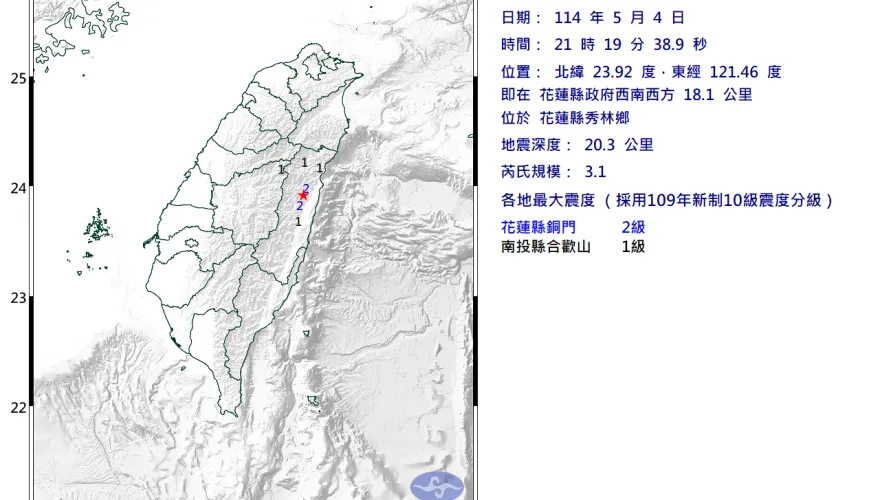 花蓮秀林鄉21:19爆規模3.1地震　最大震度2級