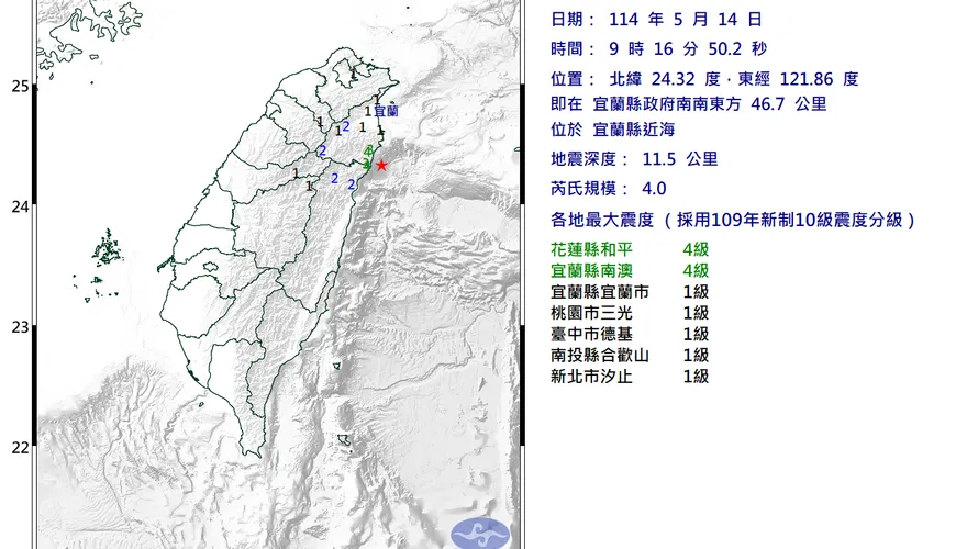 宜蘭近海09:16規模4.0地震　最大震度4級