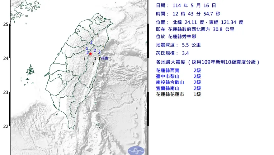 中午吃飯開搖！　12：43花蓮規模3.4地震、4縣市有感