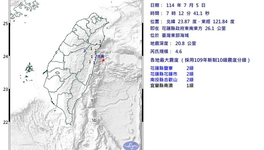 台灣東部海域07:12規模4.6地震　最大震度2級
