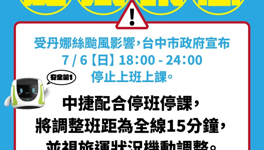 丹娜絲颱風來襲！台中捷運今晚班距調整為「每15分鐘一班」