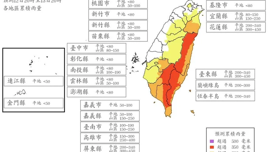 颱風楊柳來襲　花東屏東24小時雨量上看340毫米