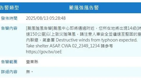 國家警報大響！楊柳颱風即將通過台東縣　恐現14級以上陣風
