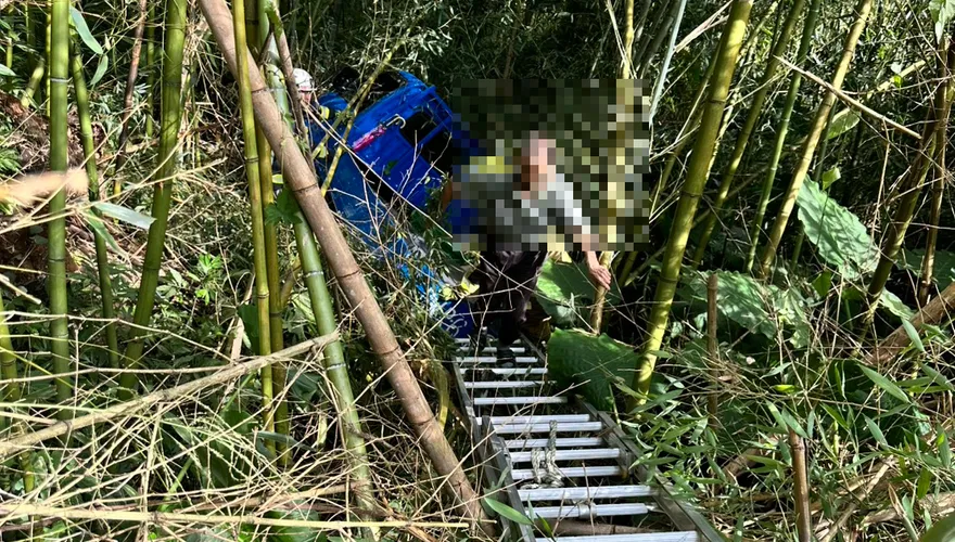 影/南投7旬老夫妻開貨車突暴衝　翻3公尺山谷卡竹林