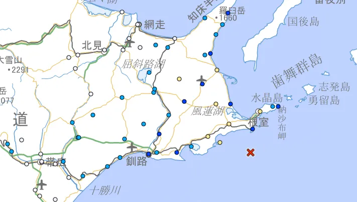 北海道根室半島近海發生規模5.2地震　6地現最大震度4級