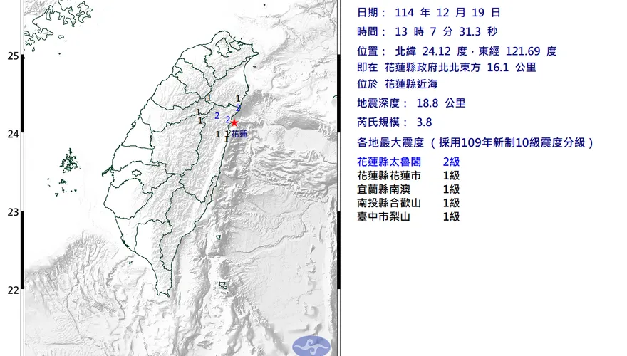 花蓮近海13:07發生規模3.8地震　最大震度2級