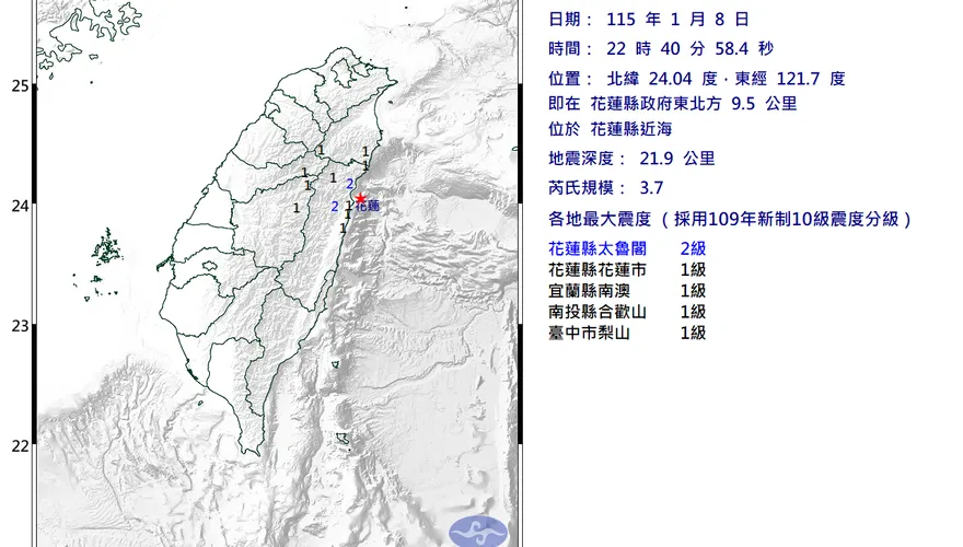 花蓮近海22:40規模3.7極淺層地震！4縣市有感