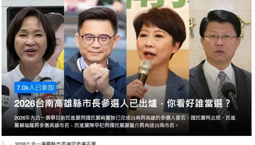 2026南高兩市長看好誰？　高雄柯志恩74.2%、台南謝龍介63.0%