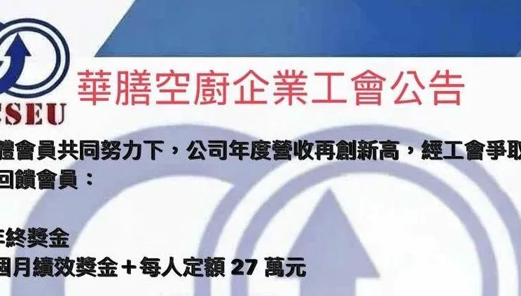 華航旗下華膳空廚「年終7.3個月+27萬」　再加薪1600