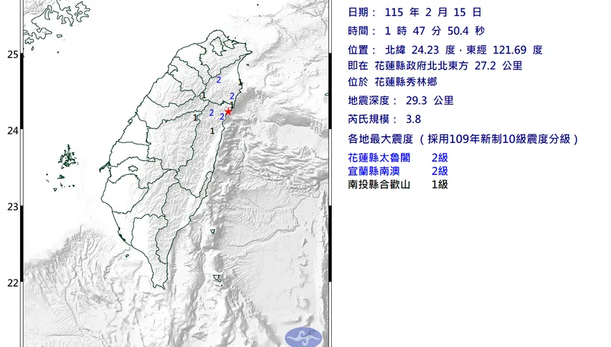 花蓮秀林1:47發生規模3.8地震　最大震度2級