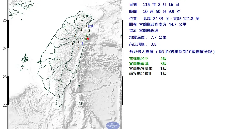 宜蘭近海10:50發生規模3.8地震　最大震度4級