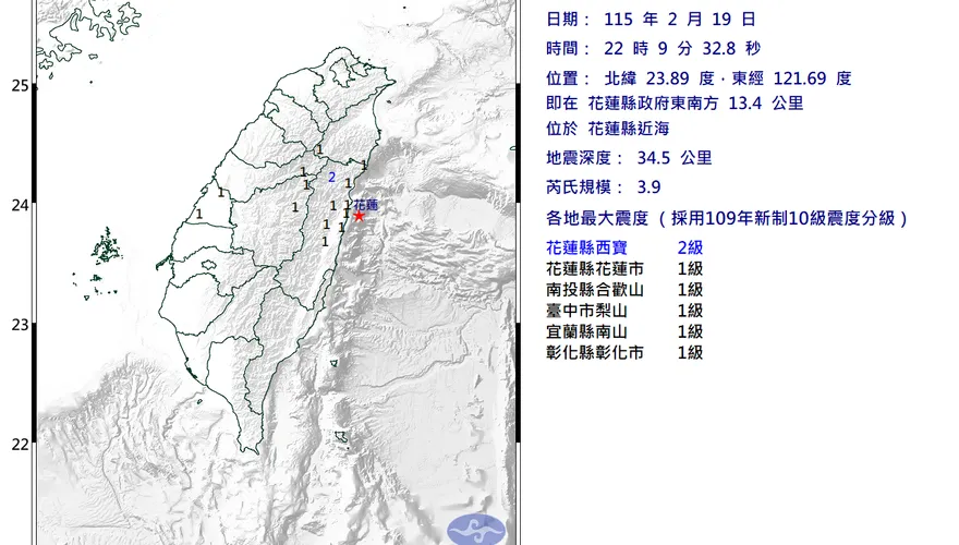 花蓮近海22:09規模3.9地震「最大震度4級」　5縣市有感