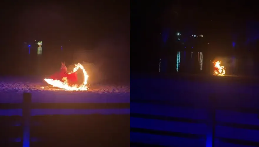 影/悚！陸動物園火舞表演爆意外　舞者裙襬起火狂奔跳河自救
