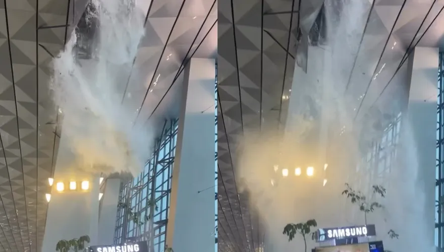 影/航廈變瀑布！雅加達機場天花板崩塌　雨水傾瀉而下旅客急躲