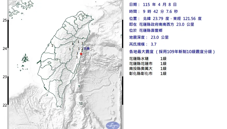 花蓮壽豐9:42發生規模3.7地震　最大震度1級