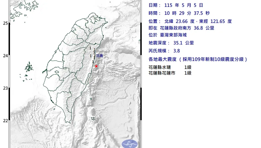 台灣東部海域10:29規模3.8地震　最大震度1級