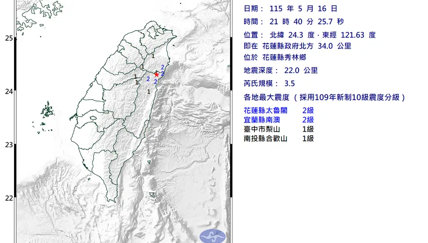 花蓮21:40發生規模3.5地震　最大震度2級