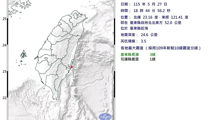 台東近海18:44發生規模3.5極淺層地震　最大震度3級
