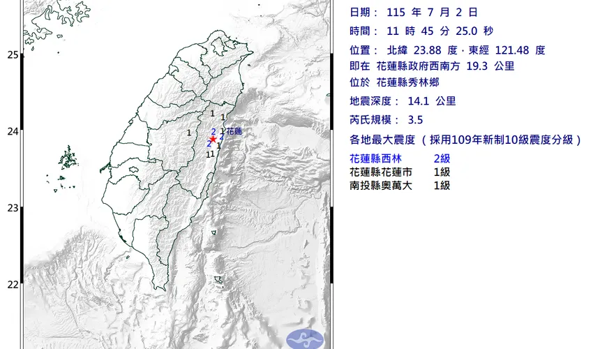 又震！11:45花蓮秀林規模3.5地震　最大震度2級