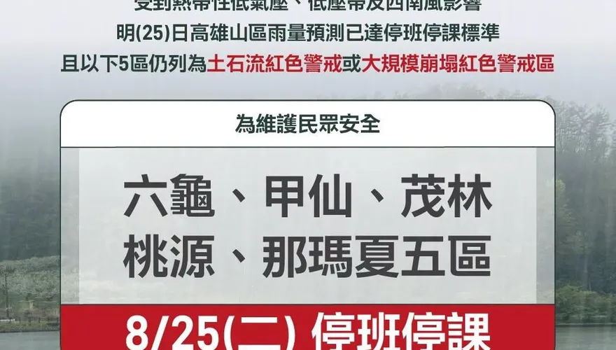 大雨炸不停！高雄那瑪夏、桃源等5行政區明停班課