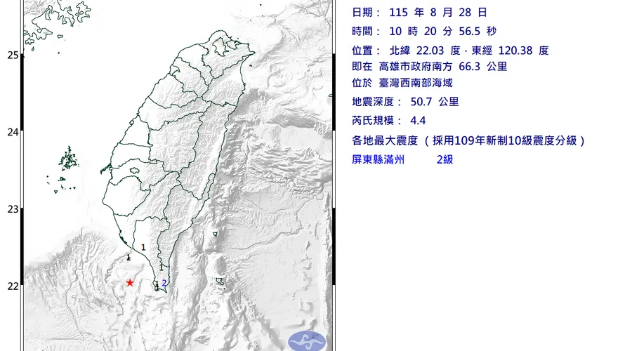 10:20西南部海域規模4.4地震　屏東最大震度2級