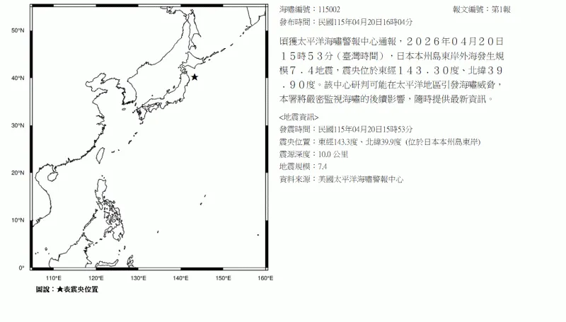 日本外海發生規模7.4強震！　氣象署最新發布海嘯消息