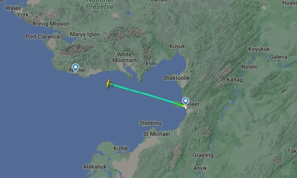 白令航空一架小型客機6日在阿拉斯加州諾姆上空失聯。（圖／翻攝FlightRadar）