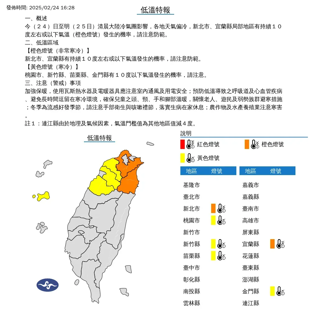 氣象署24日傍晚發布6縣市低溫特報，低溫情形預計將持續到25日早上11時左右。（圖／翻攝自中央氣象署官網）