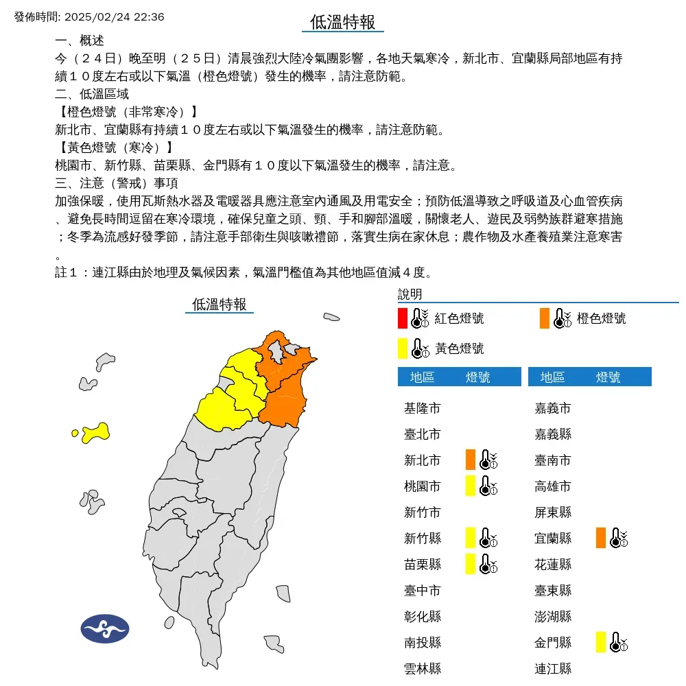 氣象署24日晚間再度發布低溫特報，苗栗以北與宜蘭、金門低溫將持續到25日上午。（圖／翻攝自中央氣象署官網）