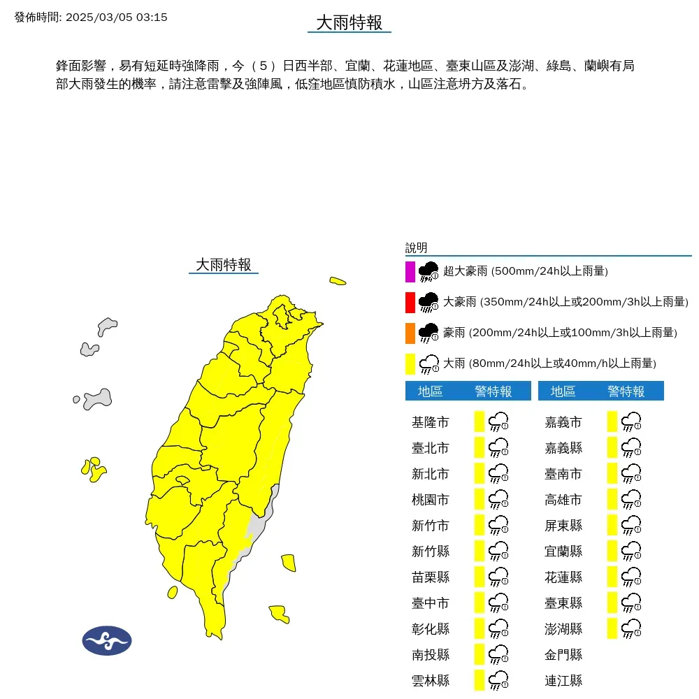 氣象署針對20縣市發布大雨特報。（圖／氣象署）
