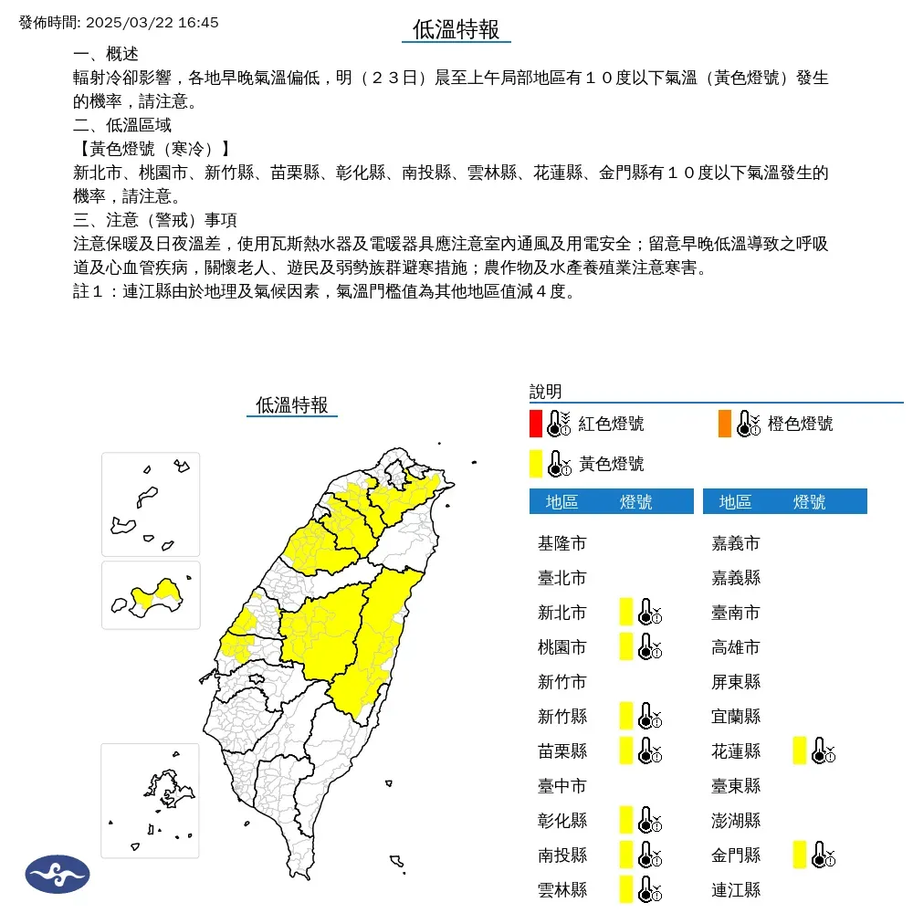 氣象署22日傍晚發布9縣市低溫特報，入夜後因輻射冷卻影響，半個台灣將出現10度以下低溫。（圖／翻攝自中央氣象署官網）
