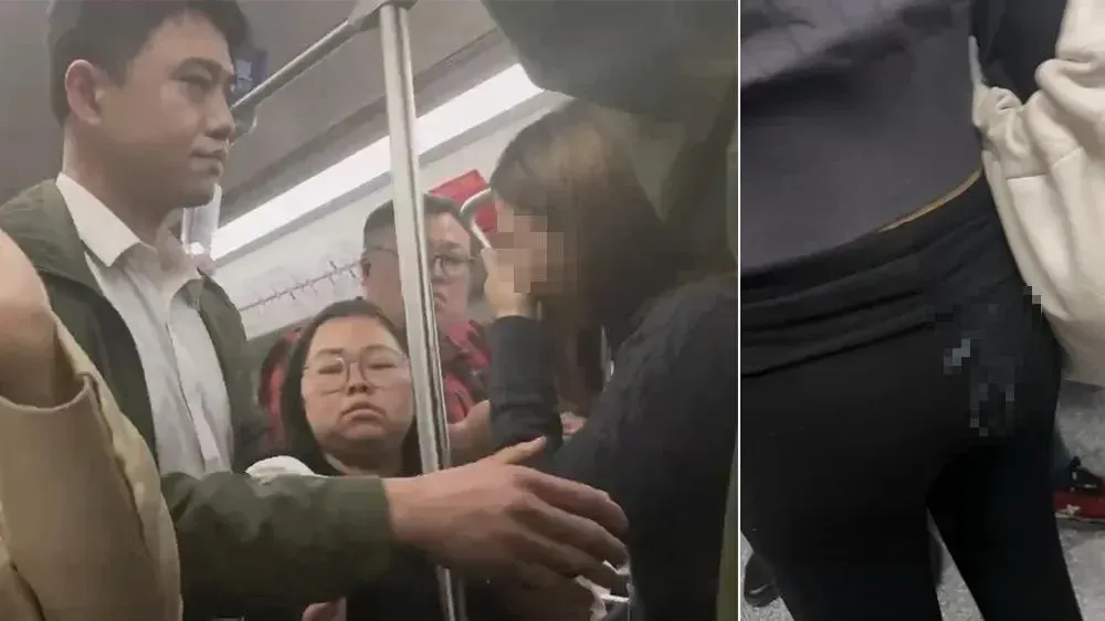 上海一名男子對女乘客做猥褻行為，並在她的褲子上留下白色證據。（圖／翻攝X）