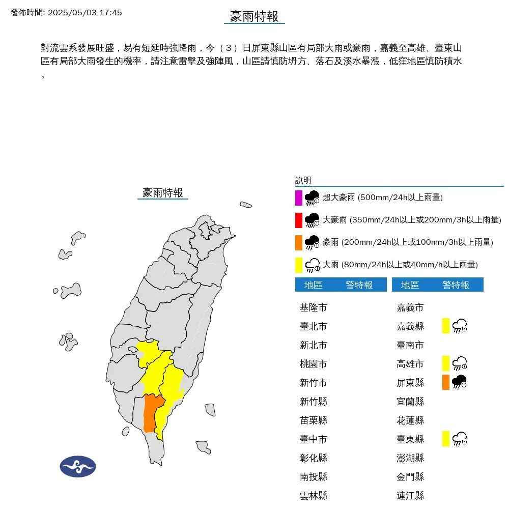 中央氣象署今(3)日傍晚5點45分,發布豪雨特報,屏東縣山區三地門鄉、霧台鄉請慎防豪雨。(圖/氣象署提供)