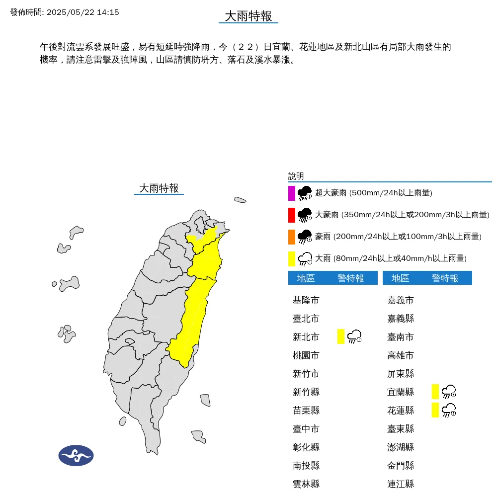 中央氣象署今（22）日下午2點15分發布3縣市大雨特報。（圖/氣象署提供）