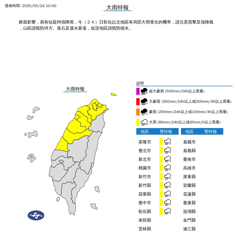 9縣市大雨特報。（圖／中央氣象署）