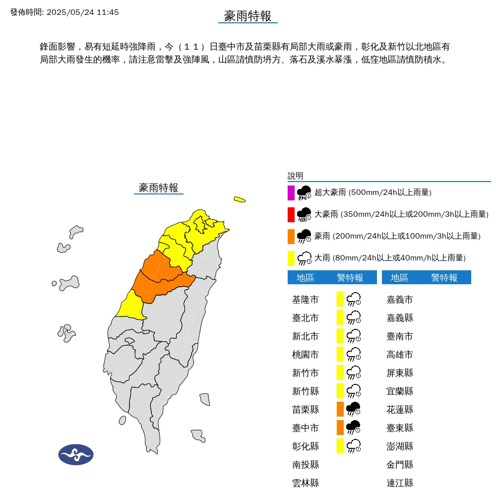 9縣市豪大雨特報。（圖／中央氣象署）