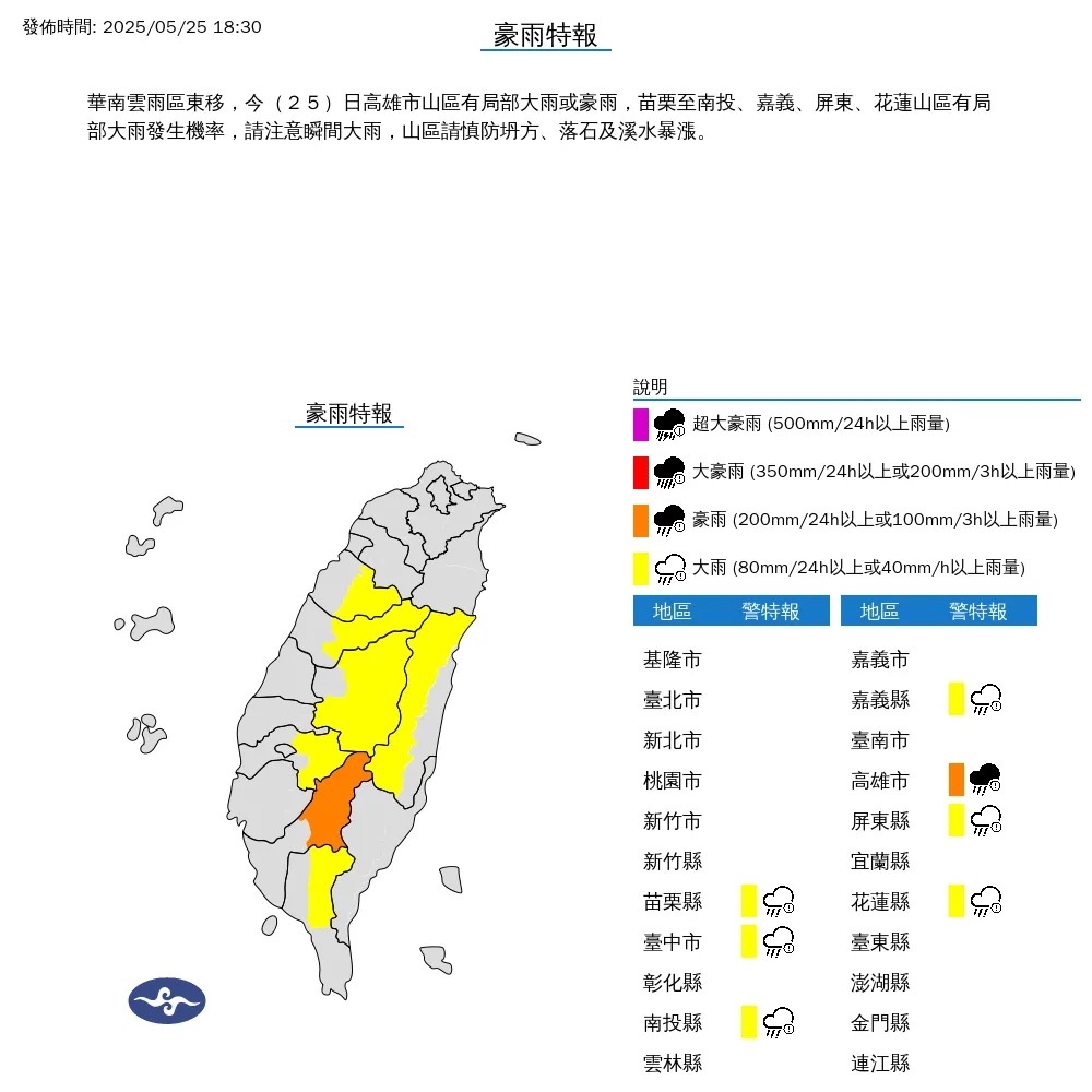 中央氣象署25日下午6時30分發布豪雨特報,受華南雲雨區東移影響,高雄市山區出現局部大雨或豪雨。(圖/氣象署)