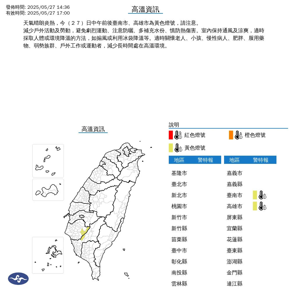中央氣象署今(27)日下午2時36分發布高溫資訊,指出台南市、高雄市地區出現黃色燈號等級的高溫現象。(圖/氣象署)