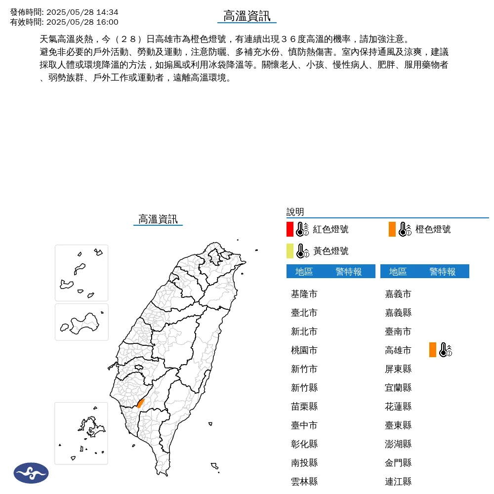 高雄市高溫達橙色燈號。（圖／中央氣象署）