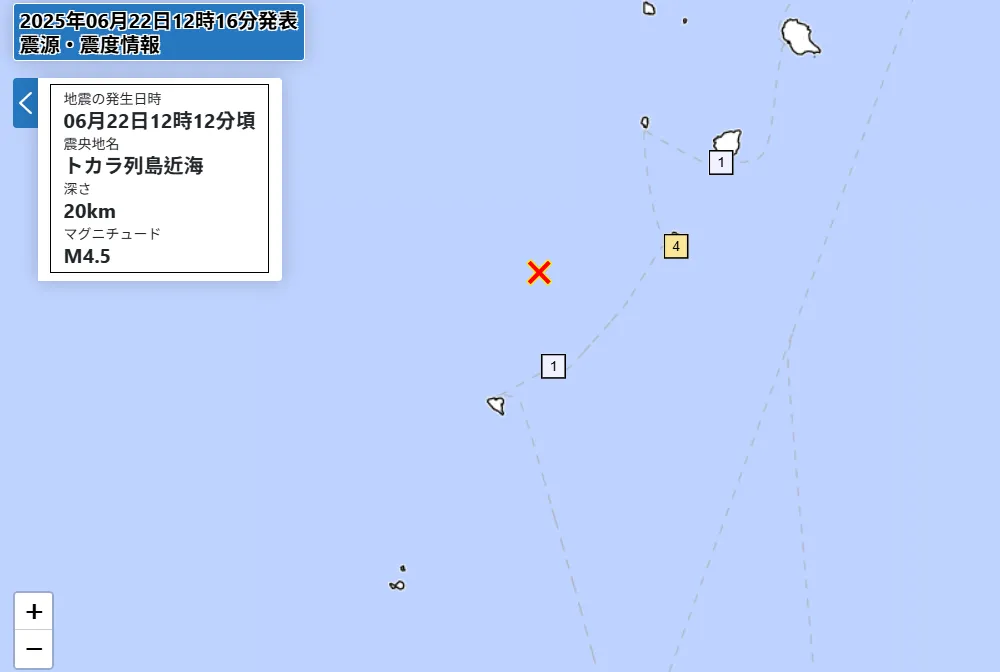 吐噶喇群島自21日起頻繁發生有感地震。（圖／日本氣象廳）