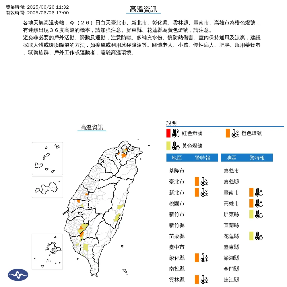 8縣市高溫拉警報。（圖／中央氣象署）