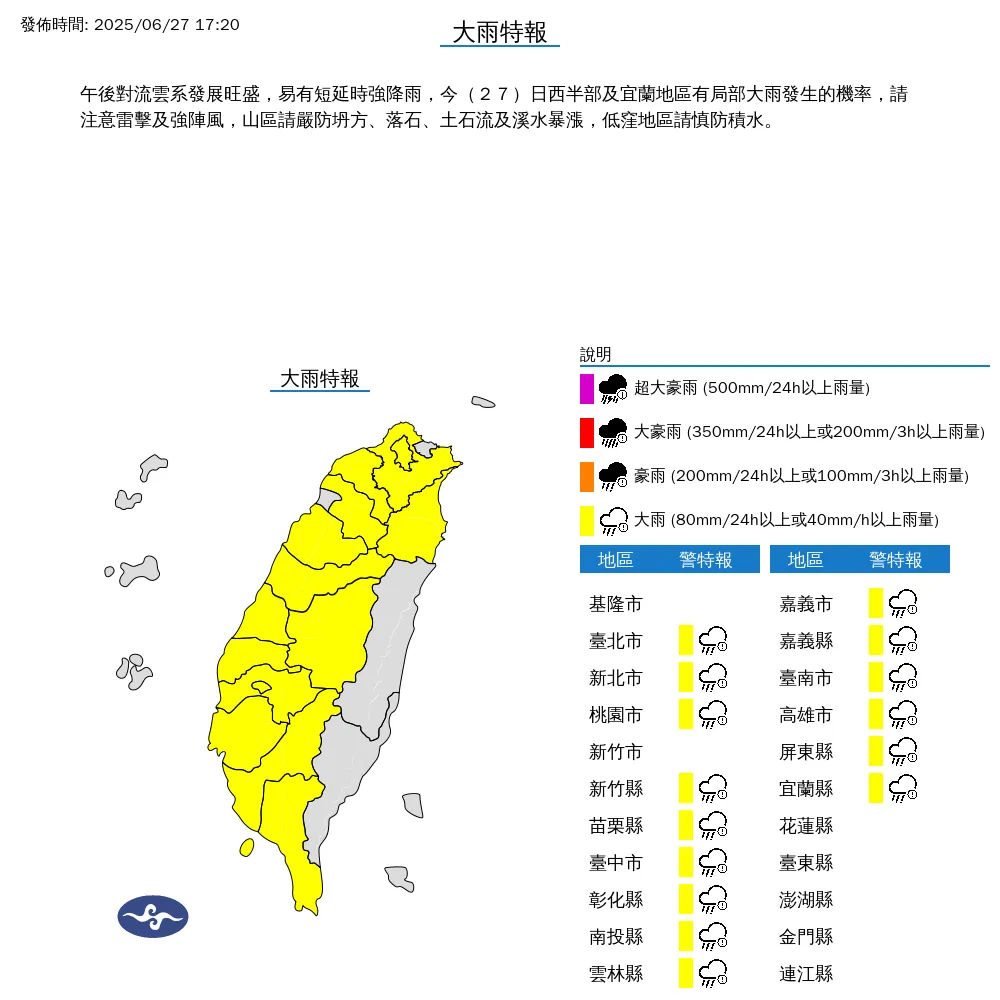 中央氣象署今（27）日17時20分發布15縣市大雨特報。（圖/氣象署提供）