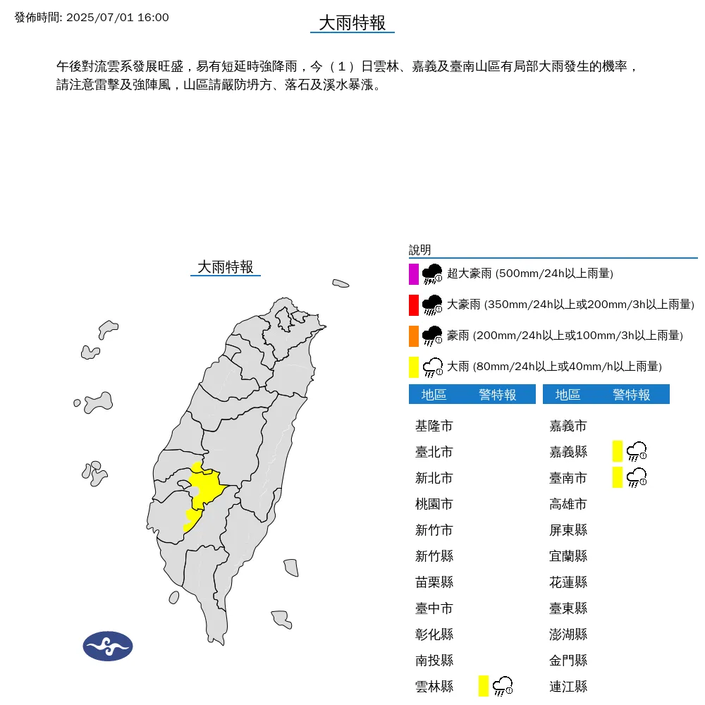 中央氣象署今（1）日下午4點發布3縣市大雨特報。（圖/氣象署提供）